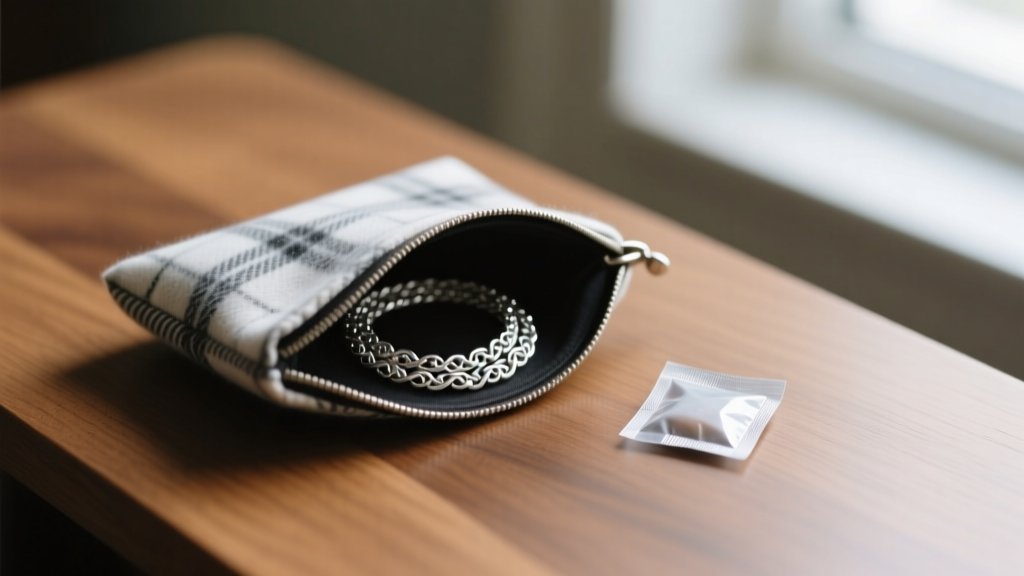 Anti-tarnish flannel pouch holding a coiled sterling silver necklace beside a silica gel packet on a polished oak surface.
