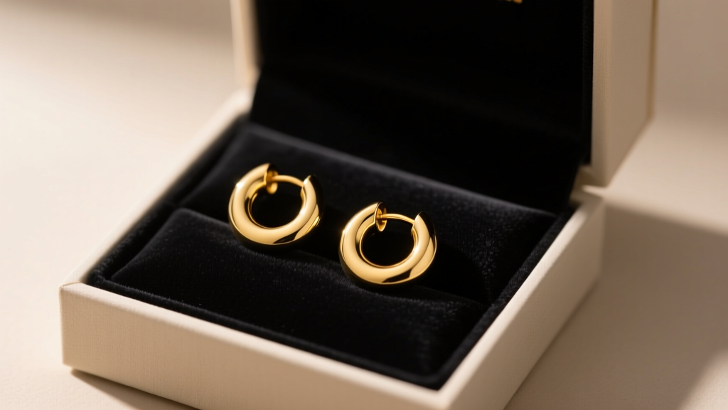 Open luxury gift box revealing 18k yellow gold huggie earrings with a matte finish on dark velvet under soft, warm lighting.