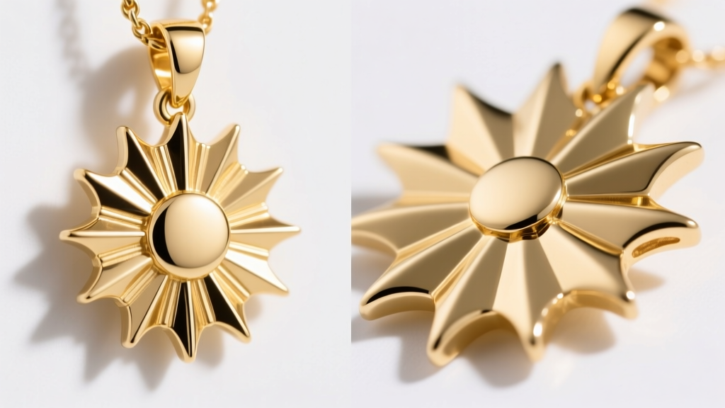 Side-by-side macro of a crisp 14k gold sunburst pendant and a softer 18k gold version, highlighting edge retention on the rays.