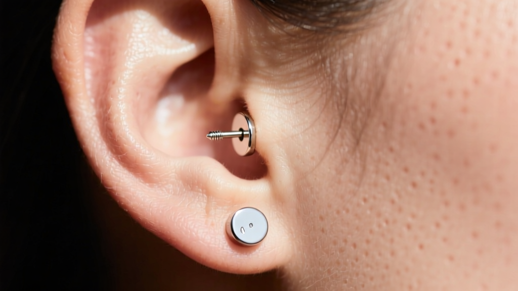 Macro view of an earlobe wearing a 22-gauge titanium screw-back earring with a secure flat backing flush against skin
