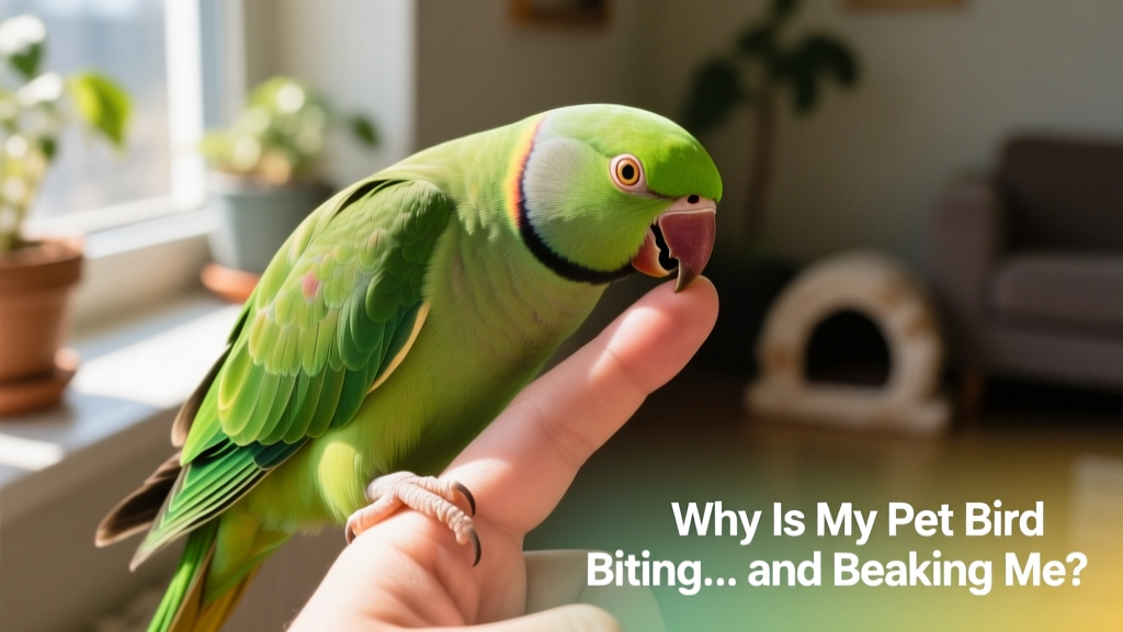 Close-up of a parakeet gently gripping a human finger with its beak, showing relaxed body posture