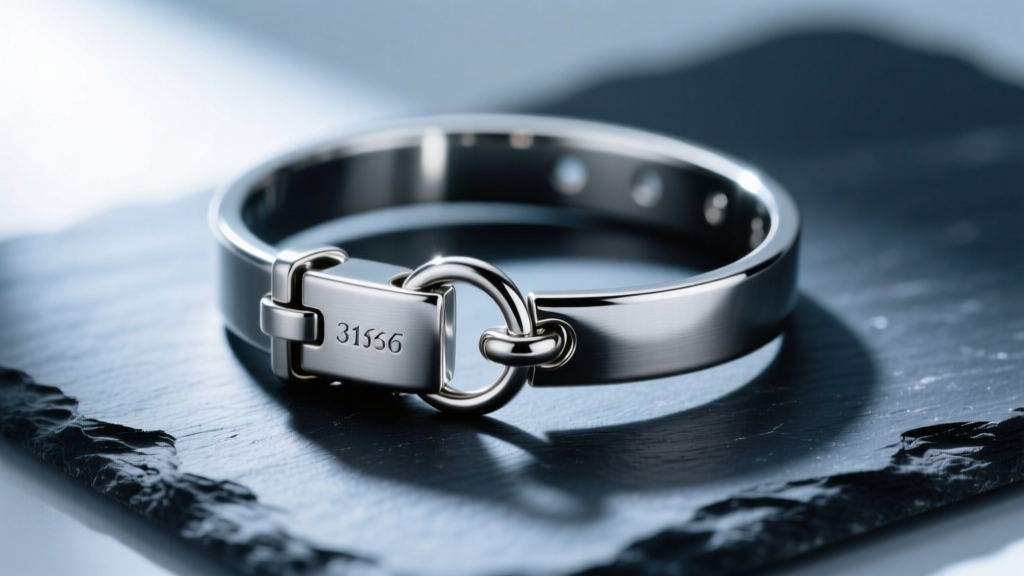 Macro photography of a 316L surgical steel cat collar choker clasp and O-ring, resting on a dark slate surface with sharp focus