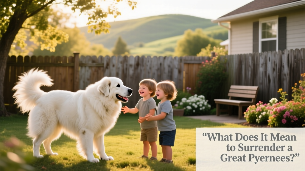 A happy Great Pyrenees playing gently with children in a fenced backyard, illustrating a loving new home environment