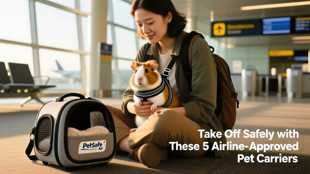 A traveler calmly holding a guinea pig in a harness while waiting near an airport gate, with a small carrier nearby