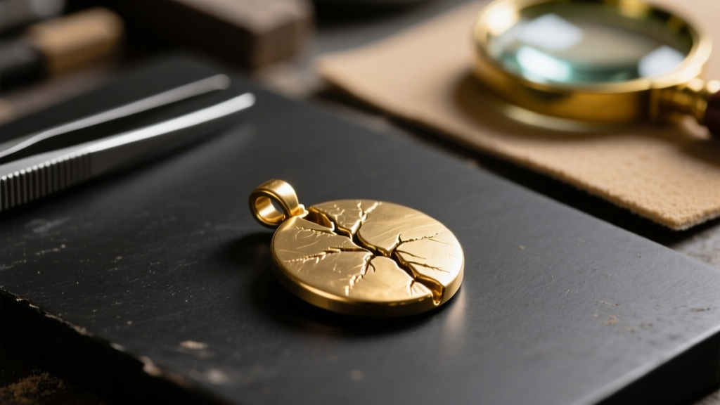 Macro shot of a raw brass pendant casting showing the sprue mark before polishing and chemical oxidation in a jeweler's workshop