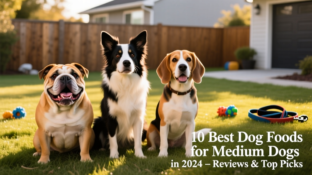 A diverse group of healthy medium dogs — a smiling Bulldog, a focused Border Collie, and a relaxed Beagle — sitting together on a grassy lawn