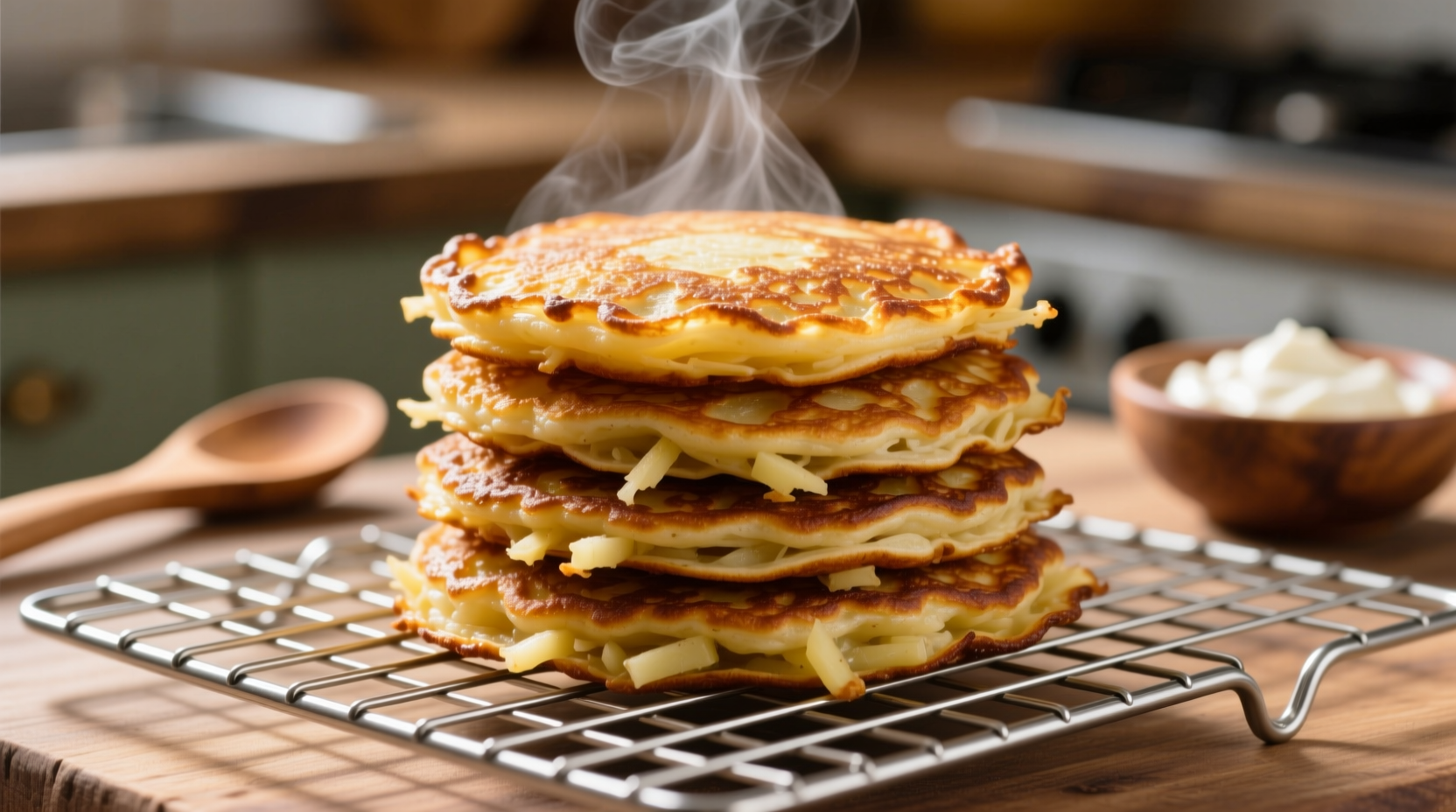 Golden brown potato pancakes on wire rack