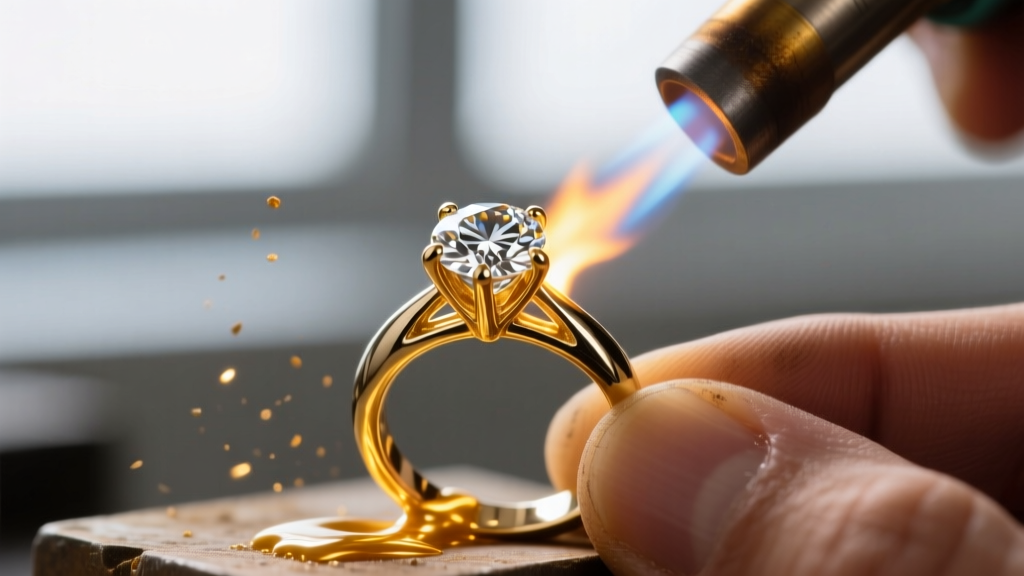 Macro photography of a jeweler retipping a worn 18k white gold prong securing a round brilliant diamond with a torch and solder.