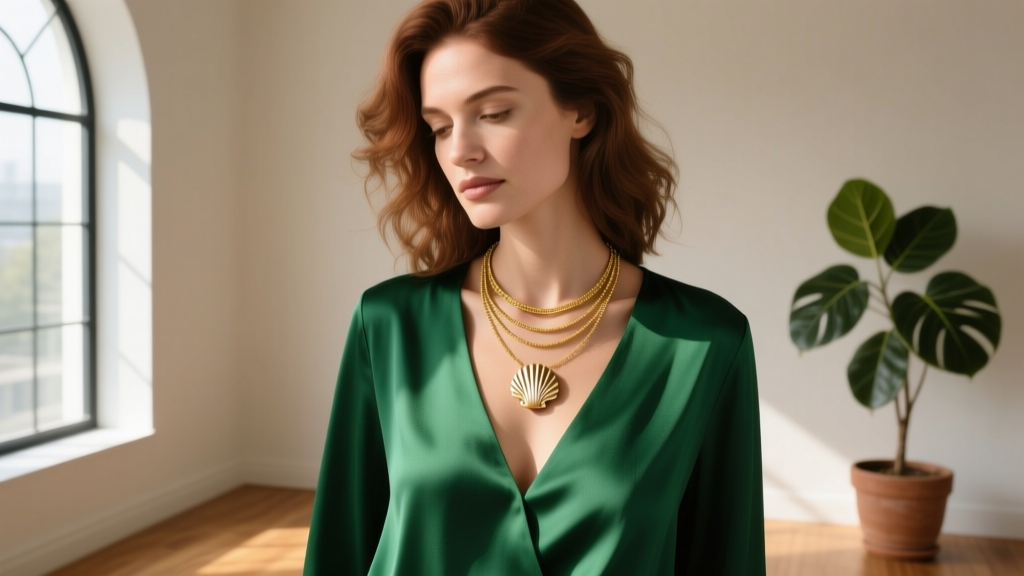 A woman wearing a layered gold ursula shell necklace over a deep V-neck emerald green silk blouse, soft natural window light.
