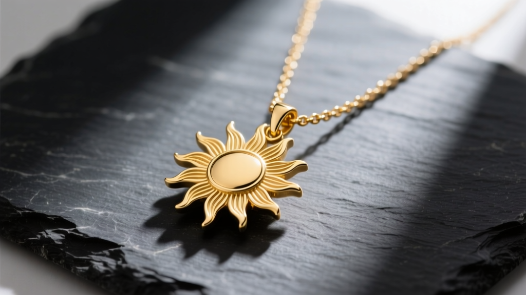 Close-up of a gold sunrise pendant necklace on dark slate, highlighting intricate sunburst rays and a delicate 14k cable chain.