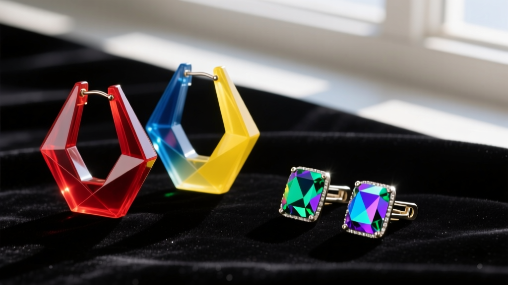 Flat-lay of authentic 1960s geometric lucite hoop earrings and aurora borealis rhinestone clip-ons on dark velvet