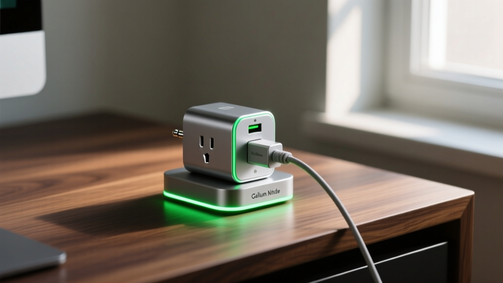 A sleek Gallium Nitride desktop charger plugged into a smart outlet, illuminating a dark oak desk with a soft green LED indicator.