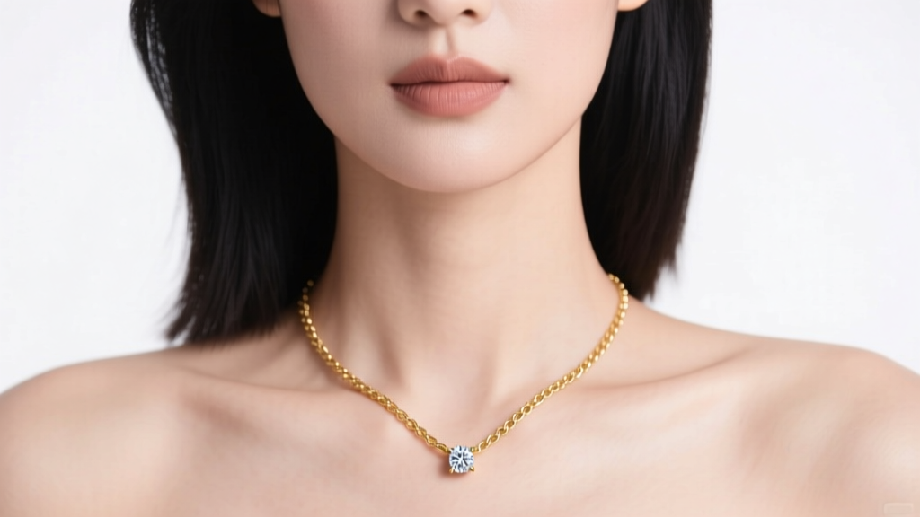 Close-up of a woman wearing an 18-inch 14k gold princess chain with a small diamond solitaire pendant resting on her collarbone.