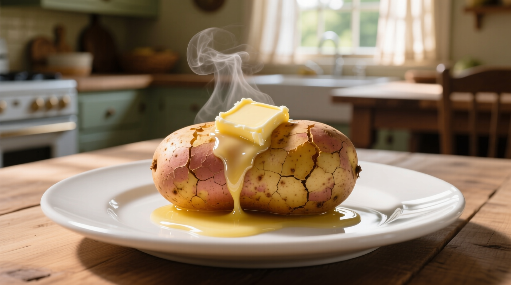 Baked potato with melted butter on a white plate