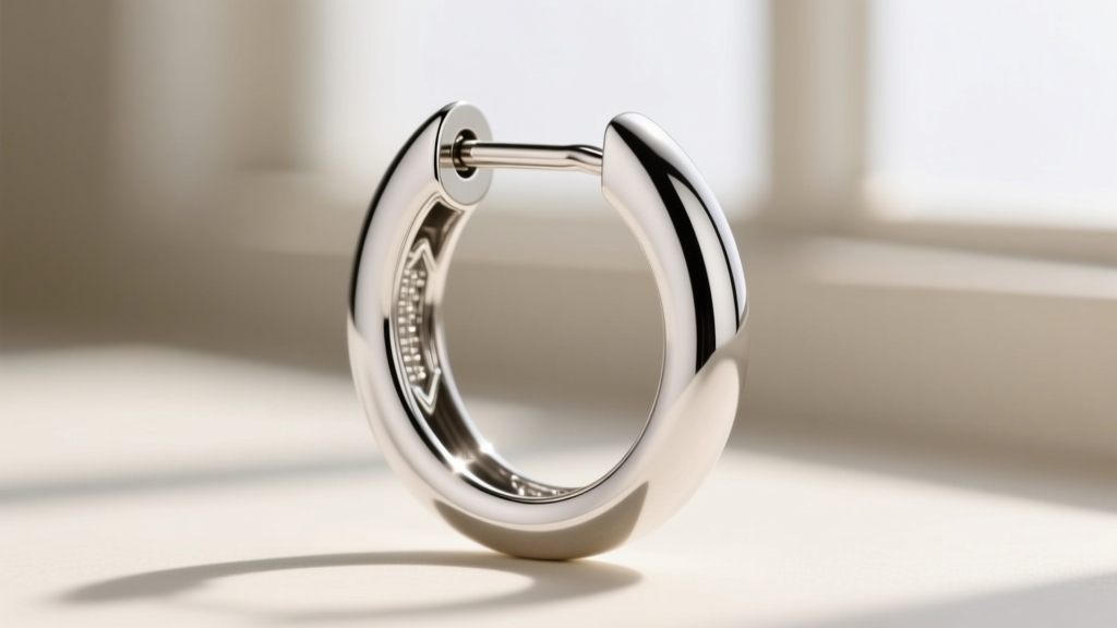 Close-up of a hinged snap-back hoop earring showing the micro-pin and V-notch latch in polished rhodium-plated sterling silver.