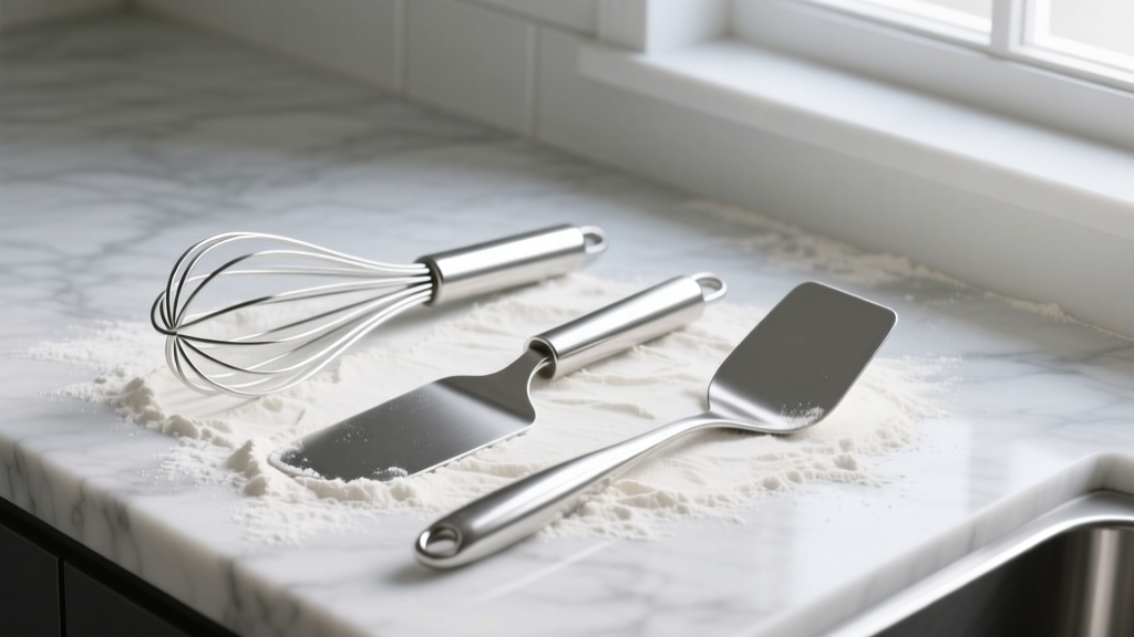 Polished stainless steel baking tools including a balloon whisk, dough scraper, and offset spatula resting on a flour-dusted marble countertop