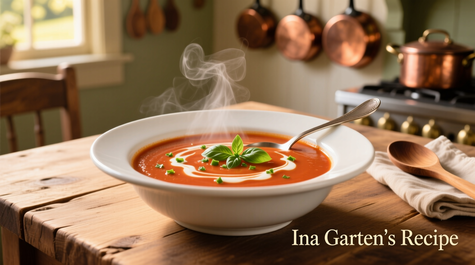 Ina Garten's creamy tomato soup in white bowl