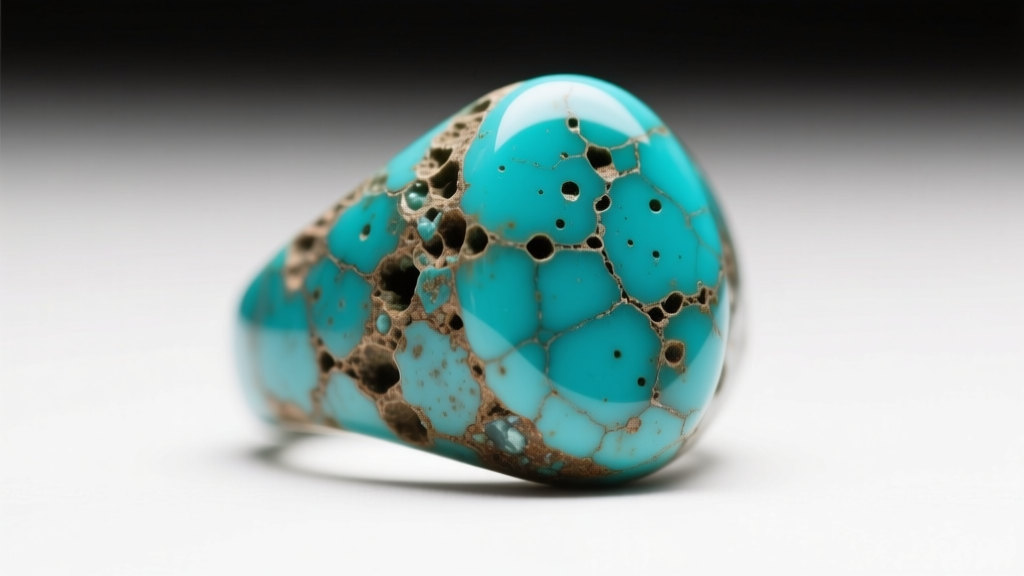 Macro shot of a porous turquoise cabochon ring revealing surface pitting and dull discoloration caused by harsh chemical oxidation
