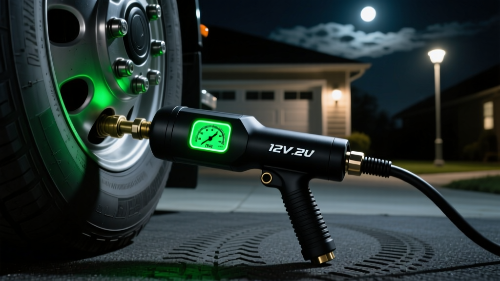 Black 12V tire inflator connected to a truck tire valve stem, digital pressure gauge glowing green in a dark driveway at night