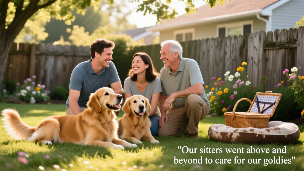 Patrick and Dee smiling warmly beside Sophie and Stanley in a sunlit backyard