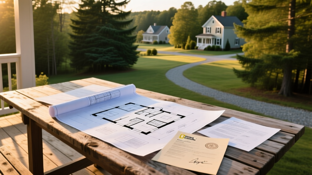 Architectural blueprints and financial loan documents spread on a rustic wooden table overlooking a wooded Massachusetts residential lot