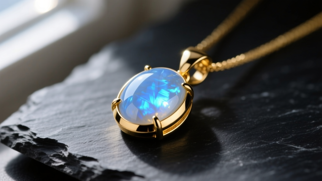 Macro shot of a blue moonstone cabochon pendant in a 14k gold bezel on dark slate, highlighting its glowing blue adularescence.