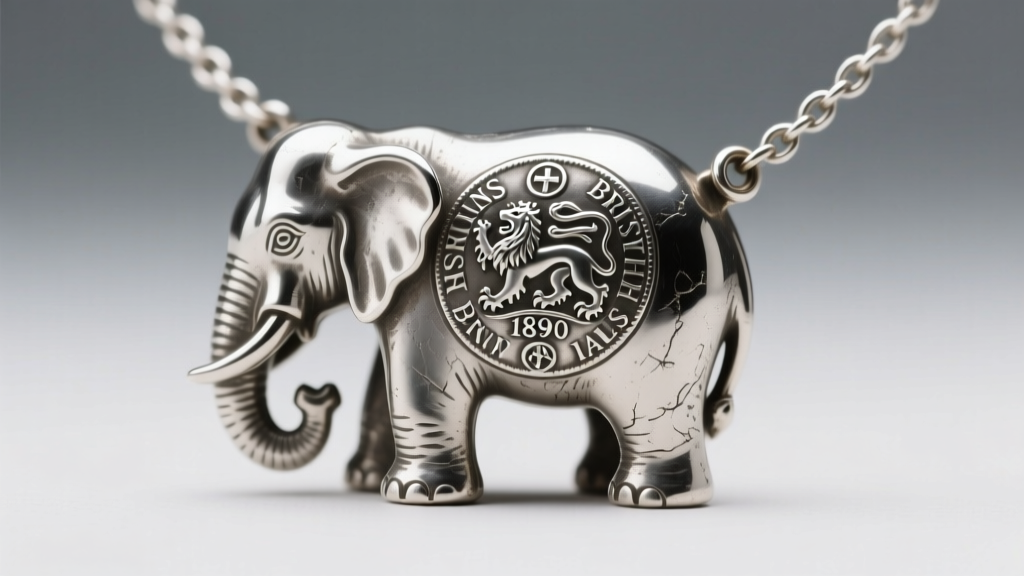 Macro shot of an 1890s British silver hallmark on the back of an antique elephant necklace bale under bright light.