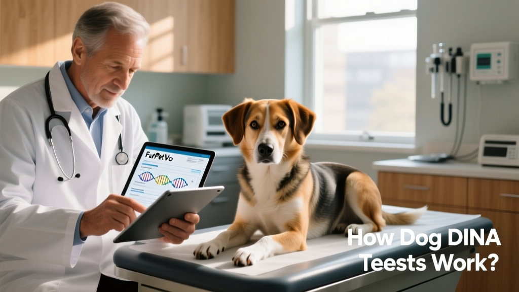 Veterinarian reviewing a FurPetVo DNA report alongside a calm dog in an exam room