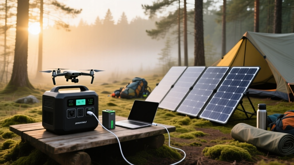 A rugged campsite at dawn with a portable solar panel array deployed next to a sleek lithium power station charging a laptop and drone batteries.