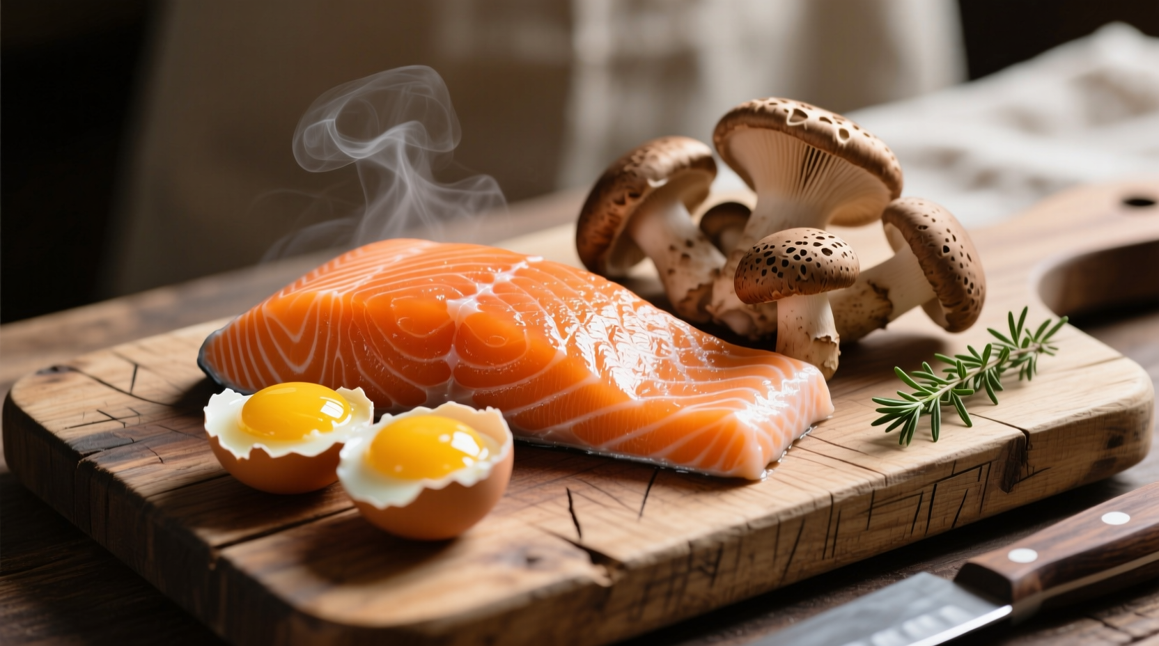 Salmon, egg yolks, and mushrooms on wooden cutting board