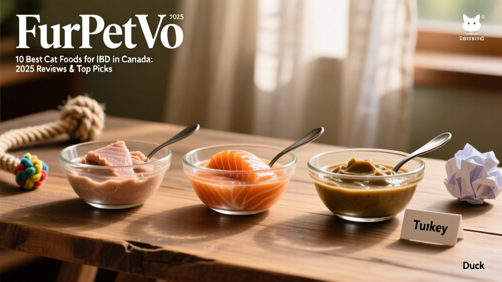 Three glass bowls of FurPetVo Limited Ingredient wet food in different flavours—turkey, salmon, and duck