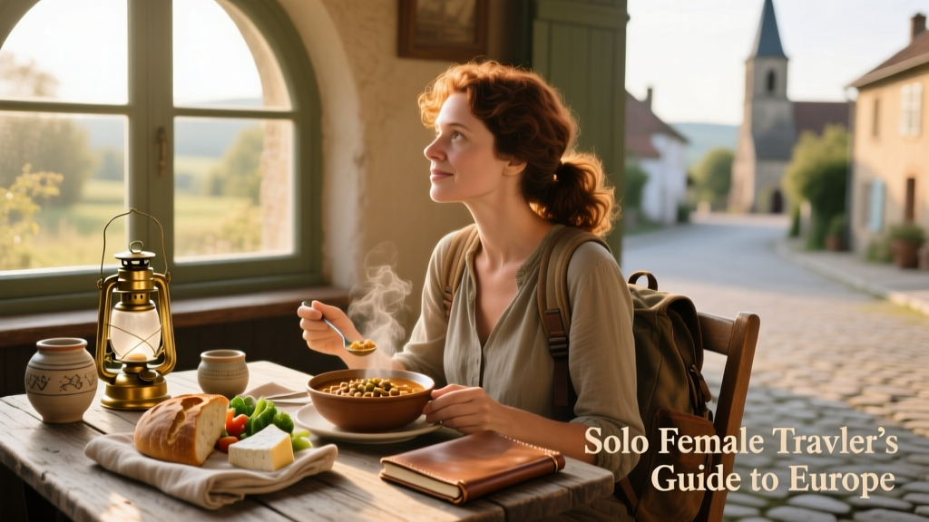 A solo female traveler enjoying a traditional meal at a rustic European table with local ingredients