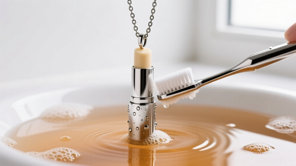 Stainless steel chapstick holder pendant on a box chain, being gently scrubbed with a soft toothbrush in warm soapy water