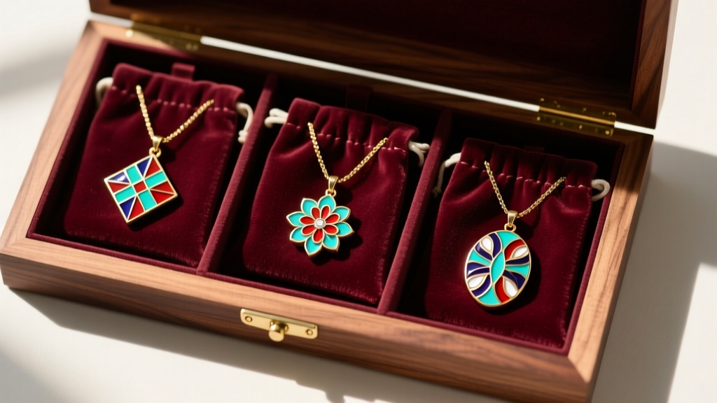 Top-down view of three enamel pendant necklaces stored in separate velvet pouches inside a cedar-lined wooden jewelry box.