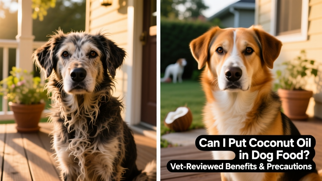 Side-by-side comparison: dog with dull, flaky coat vs. same dog after 4 weeks of coconut oil supplementation showing improved shine and texture