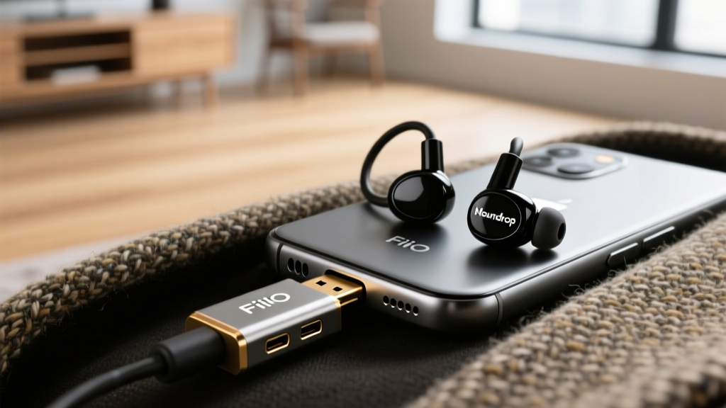Close up of FiiO JA11 dongle DAC plugged into a smartphone with Moondrop Chu II IEMs resting on a tweed jacket