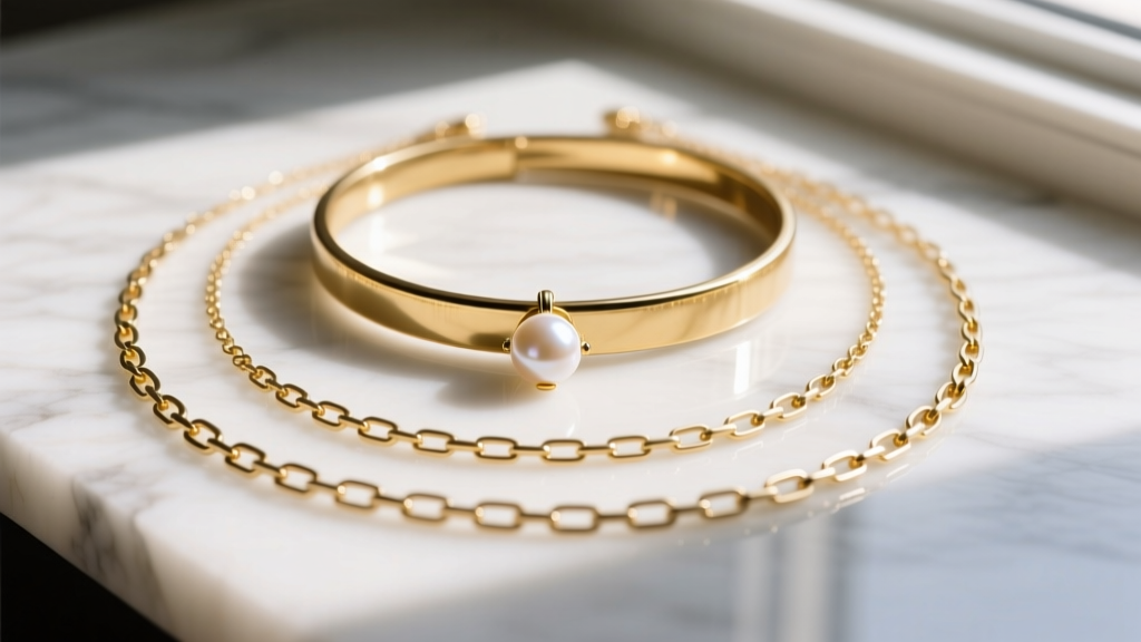 Layered gold necklaces showing a Leigh pearl pendant anchored by a 14-inch choker and an 18-inch paperclip chain on marble