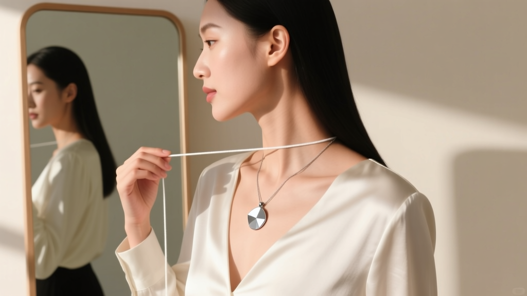 Woman using white string to measure her collarbone in a mirror, with a silver pendant resting perfectly on her upper chest area