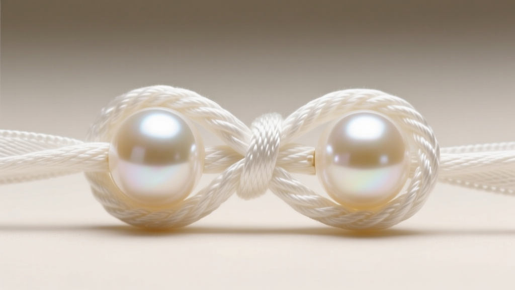 Extreme macro view of hand-tied white silk knots between two 8mm cream South Sea pearls, highlighting thread tension and gap spacing