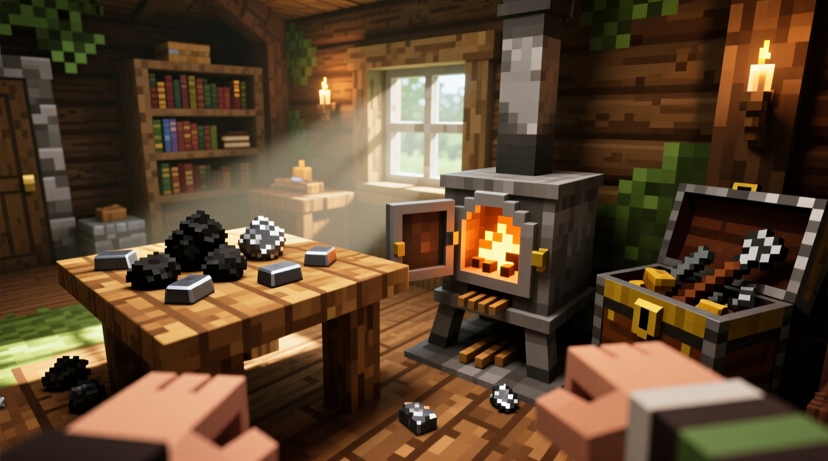 Player placing furnace next to crafting table in Minecraft