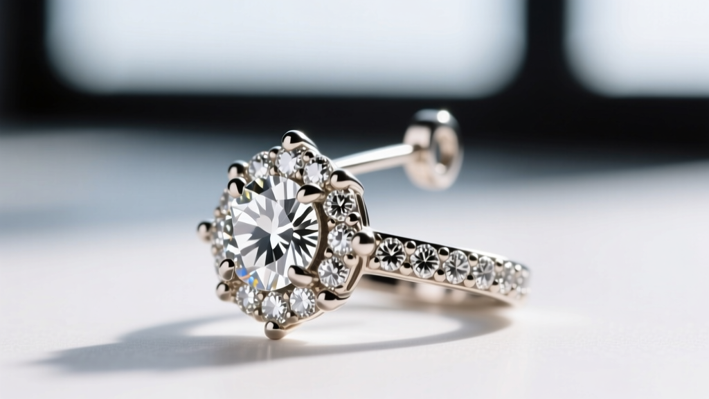 Macro view of shared prong setting on diamond cluster earring, showing tiny metal beads securing pavé stones under bright light.