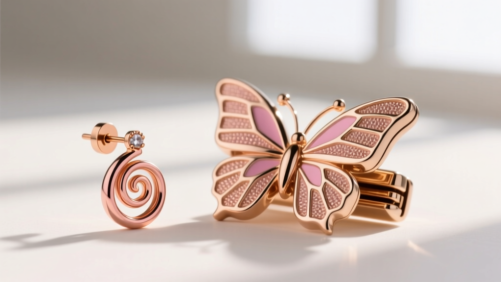 Macro shot of a 14k rose gold earring post and butterfly clutch, highlighting the copper alloy pink hue and precise metal polishing