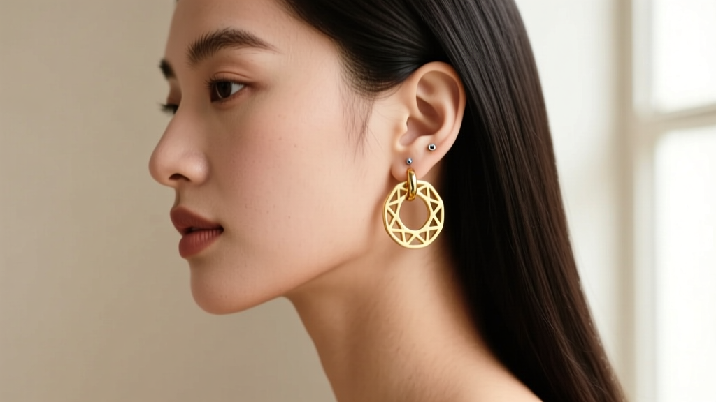 Side profile of a woman wearing lightweight hollow 14k gold huggies, showing a comfortable fit on a healed lower lobe piercing.