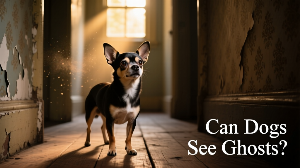 A Chihuahua standing alert in a dimly lit hallway, head tilted and ears pricked forward
