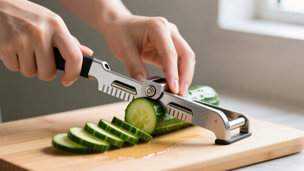 Hands safely using the retractable blade guard on a compact Benriner Japanese mandoline slicer to julienne a small zucchini on a bamboo cutting board