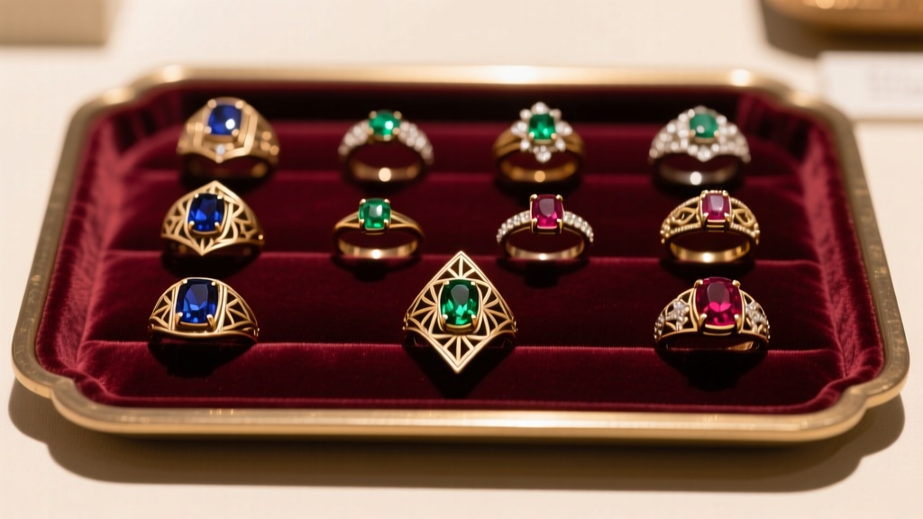 Overhead view of a velvet tray displaying Victorian and Art Deco vintage rings under warm gallery lighting at a jewelry show