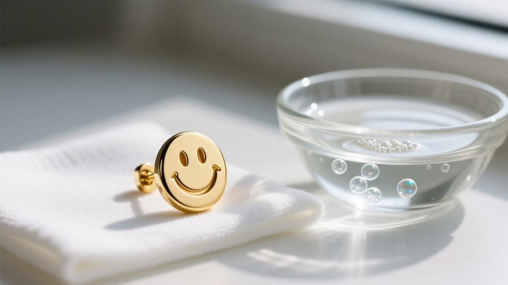 Close-up of a 14k gold vermeil smiley face earring resting on a microfiber cloth next to a small glass bowl of mild soapy water.