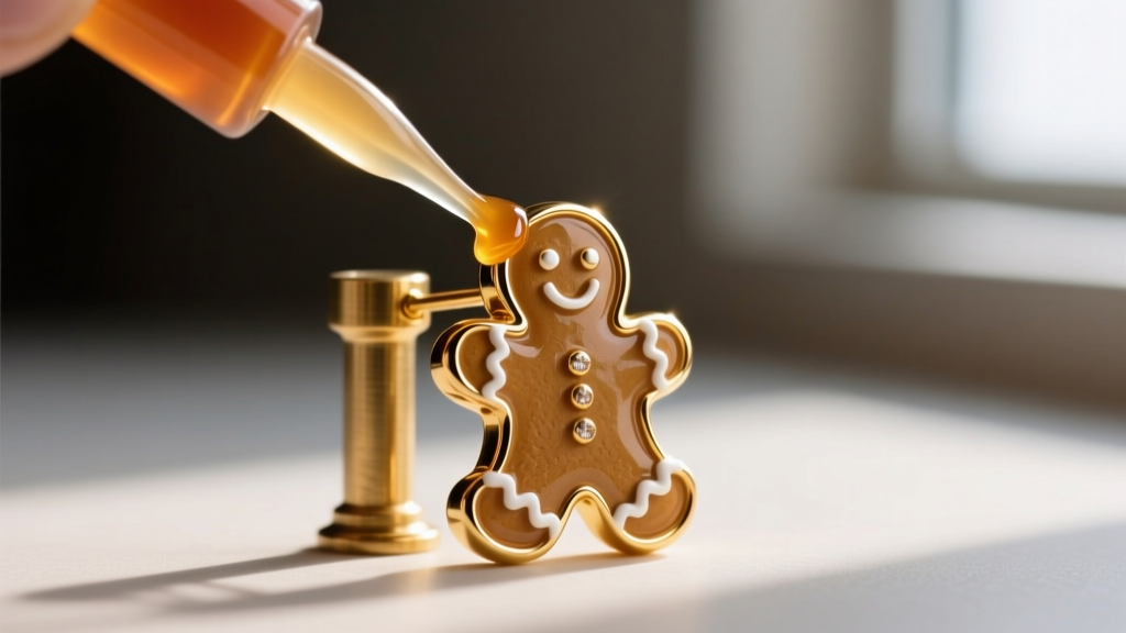 Two-part epoxy applied to a brass earring post, securing it to the back of a gold-tone gingerbread man casting before curing