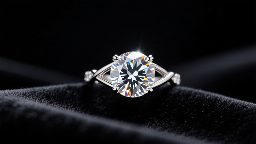 A large 5-carat round diamond pendant in a platinum basket setting, resting on dark velvet under focused, bright studio lighting.