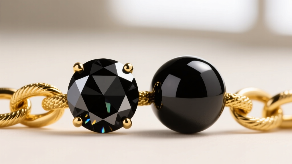 Macro shot comparing a faceted black spinel bead and a smooth black onyx bead resting on a textured 22k yellow gold chain link.